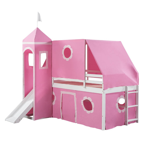 HomeRoots Pink Canopy Twin Loft Bed with Slide - Playful Design, Space-Saving, Sturdy Construction for Kids 607036
