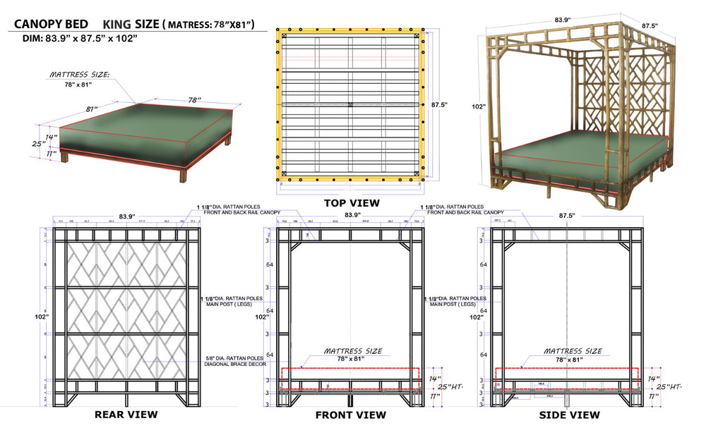 Chelsea House Paradise Canopy Bed King With Handcrafted Rattan Fretwork, Teak Slats, 8.5Ft Lofty Canopy, 550Lb Capacity 60704630