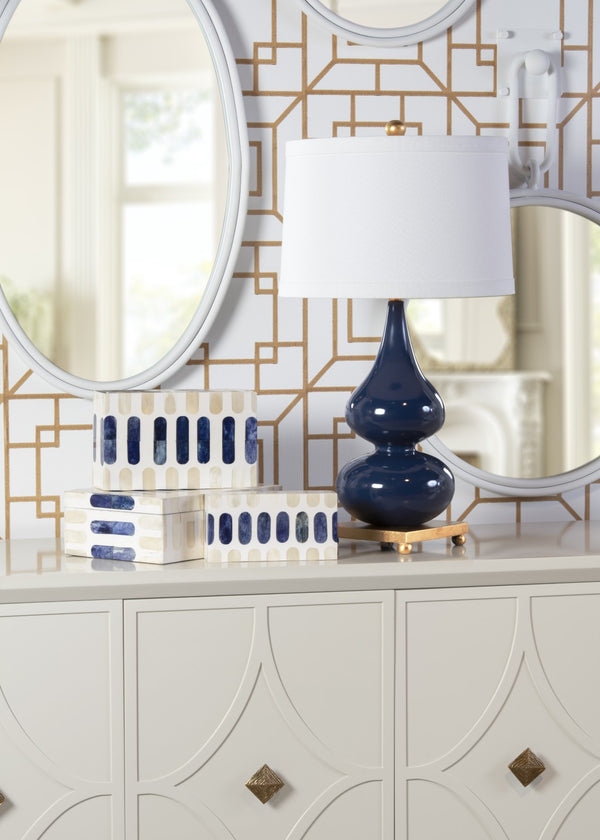 Wildwood Whitney Cadet Blue Double-Gourd Table Lamp With Antique Gold Base And Drum Shade—Elegant 28" Accent Piece 60706