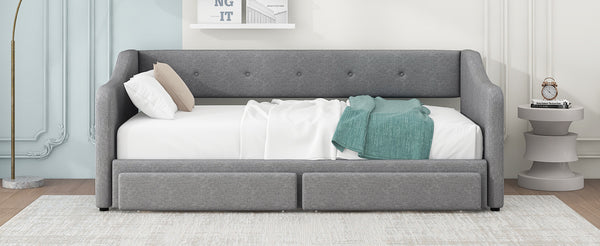 English Elm Twin XL Upholstered Daybed with Two Drawers — Convertible King Sofa Bed, Buttoned Back, Linen Upholstery Gray DL002056AAE