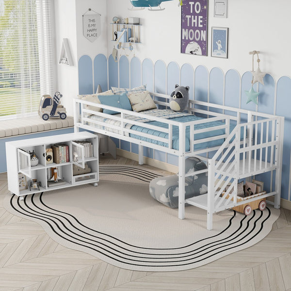 English Elm Twin Metal Loft Bed with Stairs and Six Storage Cubbies, Sturdy Metal Slat Support, Safe Low Design for Kids White 75.2 L x 17.72 W x 9.45 H W2593P305721
