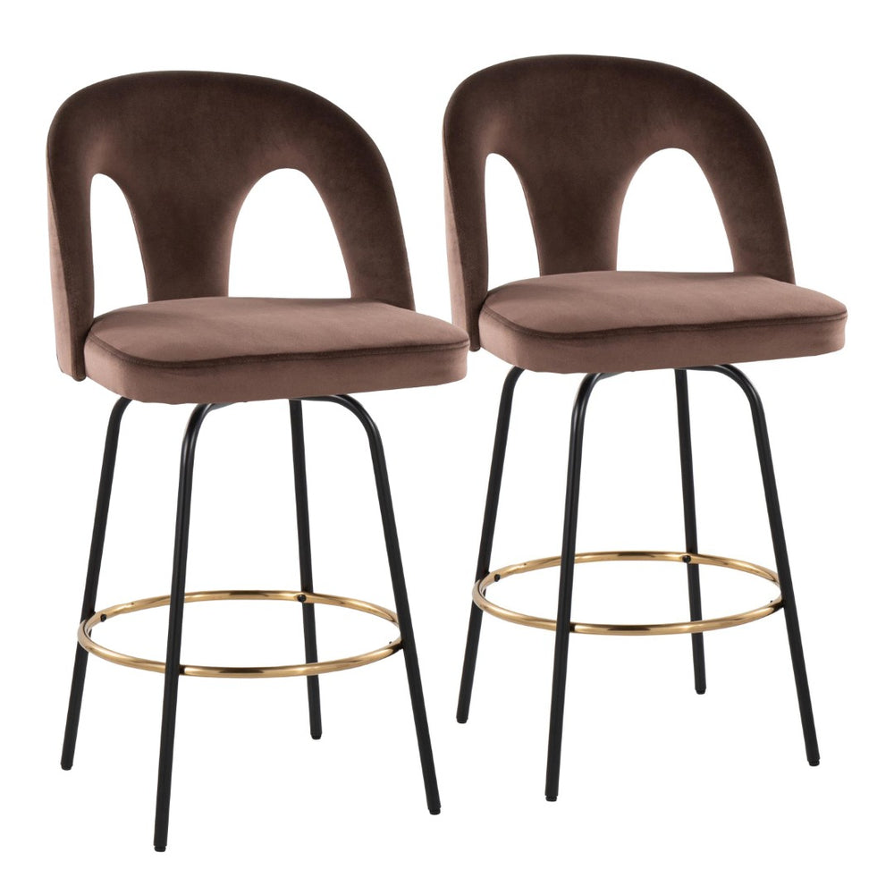 English Elm Fixed-height Swivel Counterstools with White Upholstery Gold Footrest Set of 2 Espresso B202S01791
