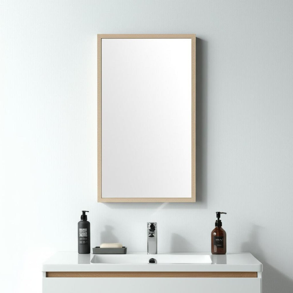 HomeRoots 42" Tan Framed Bathroom Vanity Mirror - Stylish Faux Wood Design, Premium Clarity, Ready to Hang! 607233