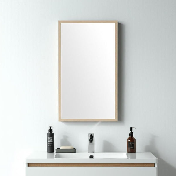 HomeRoots 42" Tan Framed Bathroom Vanity Mirror - Stylish Faux Wood Design, Premium Clarity, Ready to Hang! 607233