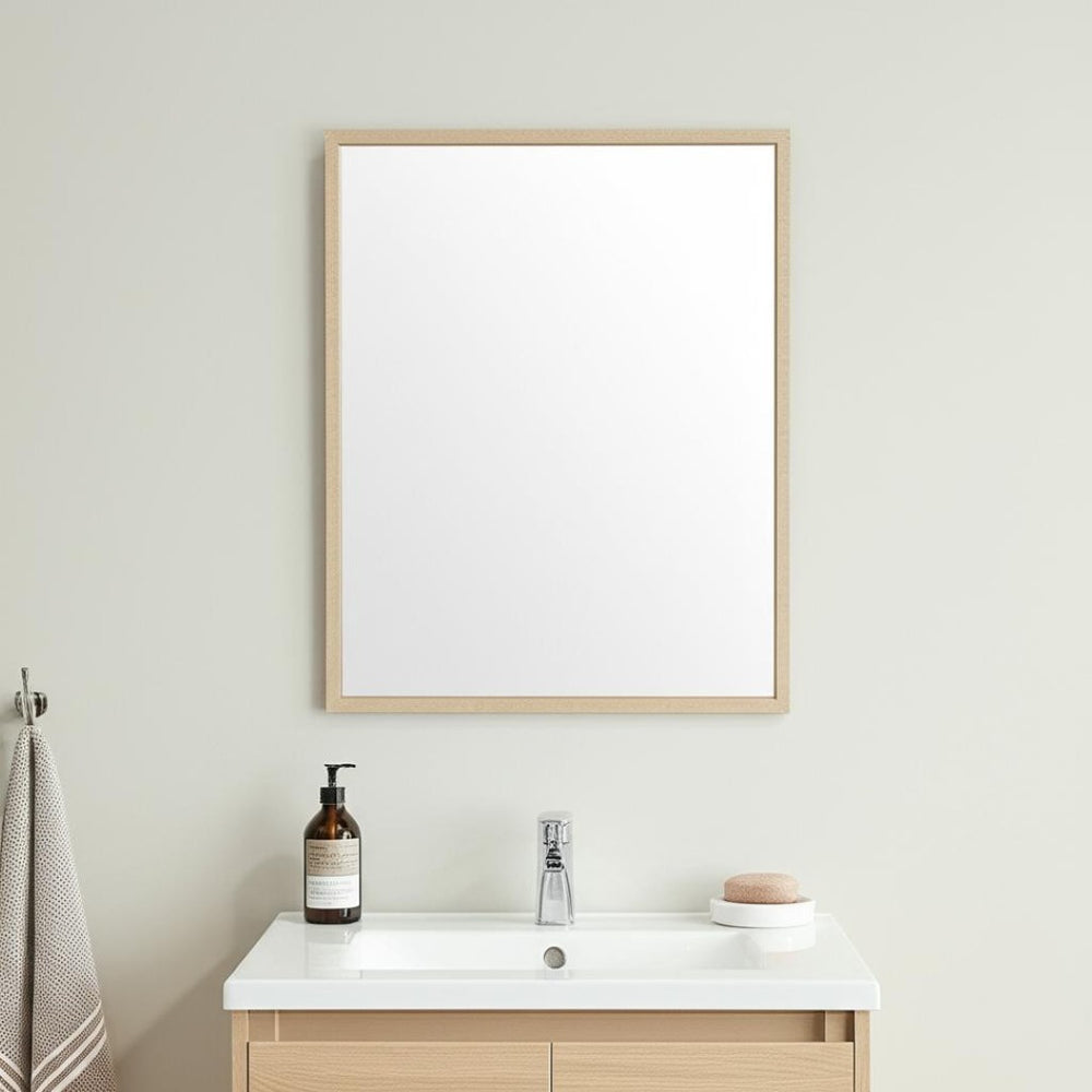 HomeRoots 42" Tan Framed Bathroom Vanity Mirror - Modern Rectangular Design for Brightening Any Space 607235