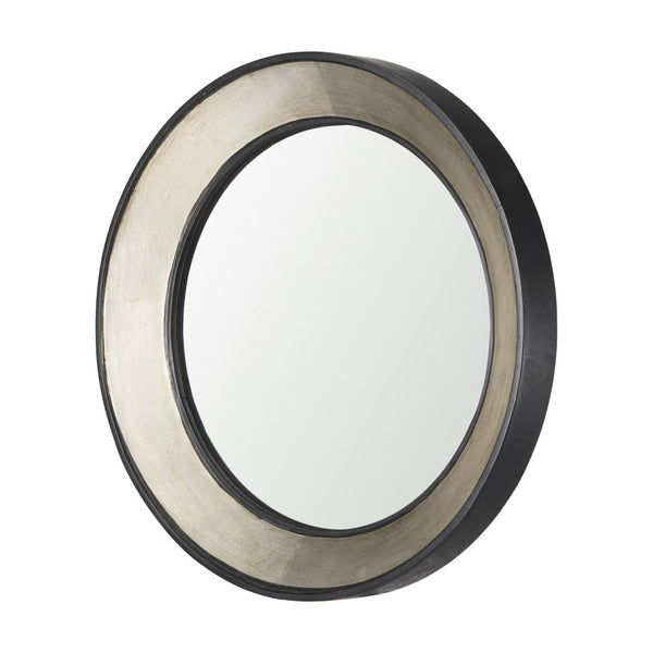 HomeRoots 22" Elegant Round Framed Accent Mirror in Champagne Metal & Dark Brown Wood – Perfect for Any Room 607266