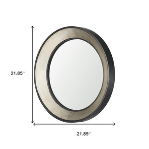 HomeRoots 22" Elegant Round Framed Accent Mirror in Champagne Metal & Dark Brown Wood – Perfect for Any Room 607266