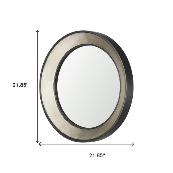HomeRoots 22" Elegant Round Framed Accent Mirror in Champagne Metal & Dark Brown Wood – Perfect for Any Room 607266
