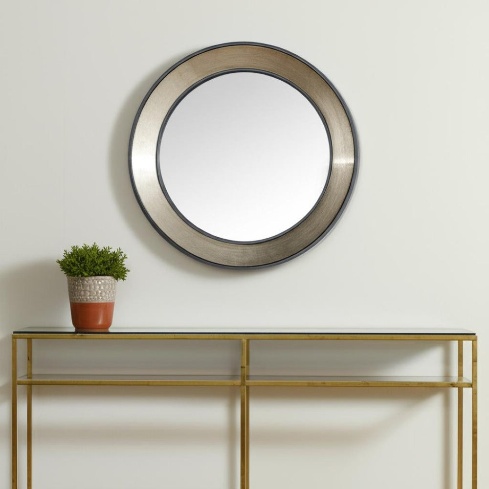 HomeRoots 22" Elegant Round Framed Accent Mirror in Champagne Metal & Dark Brown Wood – Perfect for Any Room 607266