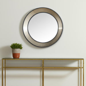 HomeRoots 22" Elegant Round Framed Accent Mirror in Champagne Metal & Dark Brown Wood – Perfect for Any Room 607266