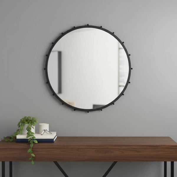 HomeRoots 44" Modern Black Round Metal Framed Accent Mirror – Elegant Design for Any Room, Easy Installation! 607269