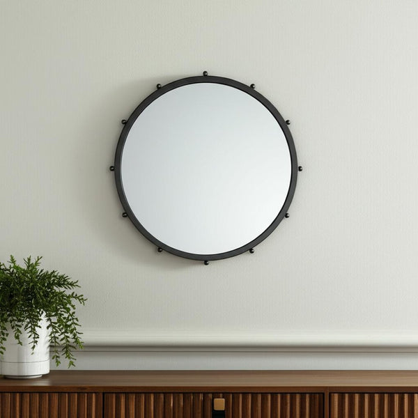 HomeRoots 25" Elegant Black Metal Beaded Round Accent Mirror for Stylish Home Décor and Practical Reflection 607270
