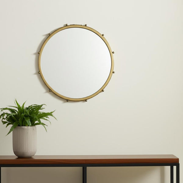 HomeRoots 25" Gold Metal Beaded Round Accent Mirror - Elegant, Durable, Versatile Decor for Any Room 607273
