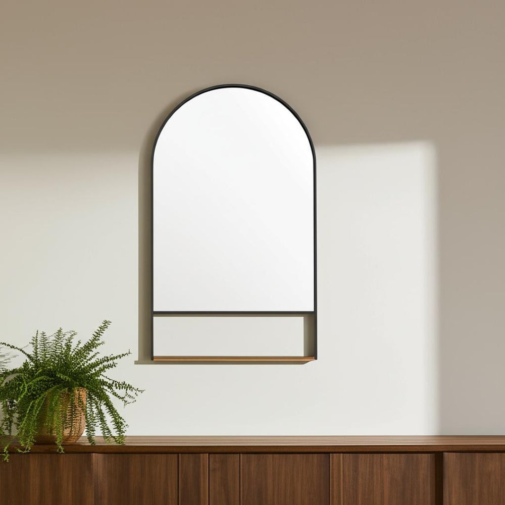 HomeRoots 40" Stylish Black Metal Arched Accent Mirror with Shelf – Modern Design for Entryways & Living Spaces 607275