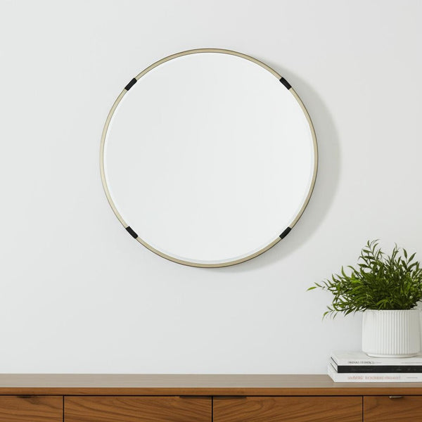 HomeRoots 24" Modern Gold and Black Round Accent Mirror - Sleek Metal Frame for Chic Home Decor Bliss! 607281