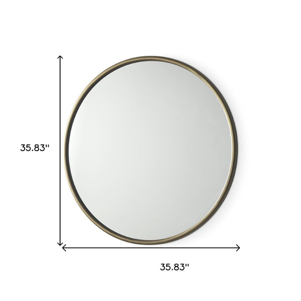 HomeRoots 36" Antiqued Gold Round Metal Framed Accent Mirror - Elevate Any Space with Timeless Elegance 607284