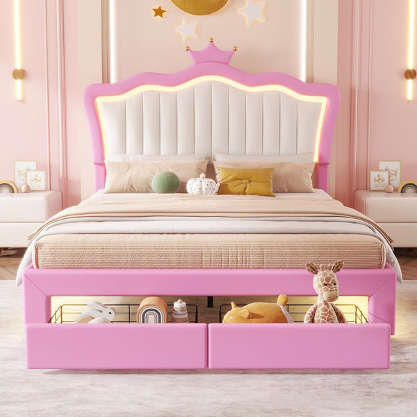English Elm Full Size Upholstered Bed Frame With Led Lights – Chic Pink Princess Design, Crown Headboard & Storage Drawers W2770P190367