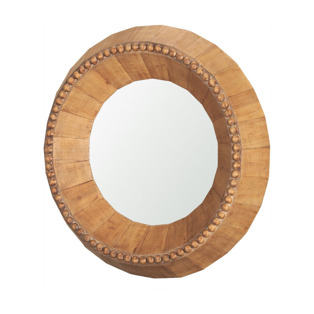 HomeRoots 30" Artisan-Crafted Round Accent Mirror in Warm Brown Mango Wood with Faceted Beaded Design 607303