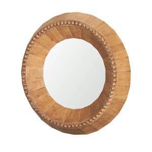 HomeRoots 30" Artisan-Crafted Round Accent Mirror in Warm Brown Mango Wood with Faceted Beaded Design 607303
