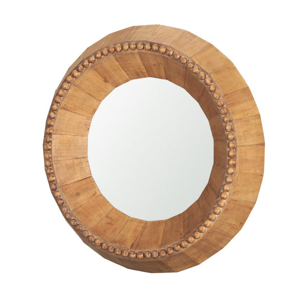 HomeRoots 30" Artisan-Crafted Round Accent Mirror in Warm Brown Mango Wood with Faceted Beaded Design 607303