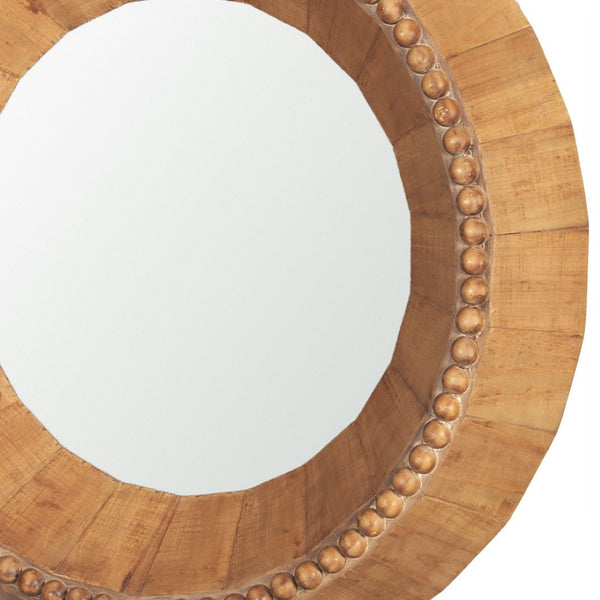 HomeRoots 30" Artisan-Crafted Round Accent Mirror in Warm Brown Mango Wood with Faceted Beaded Design 607303