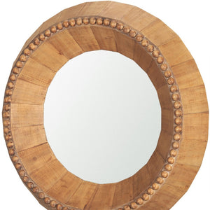 HomeRoots 30" Artisan-Crafted Round Accent Mirror in Warm Brown Mango Wood with Faceted Beaded Design 607303