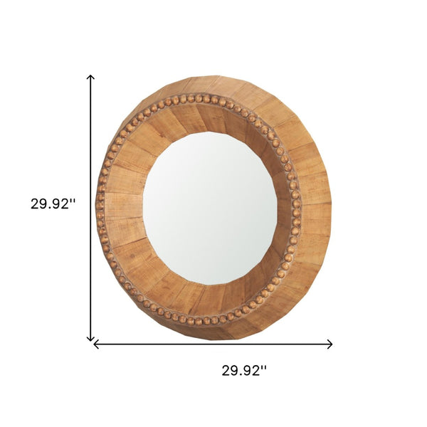 HomeRoots 30" Artisan-Crafted Round Accent Mirror in Warm Brown Mango Wood with Faceted Beaded Design 607303