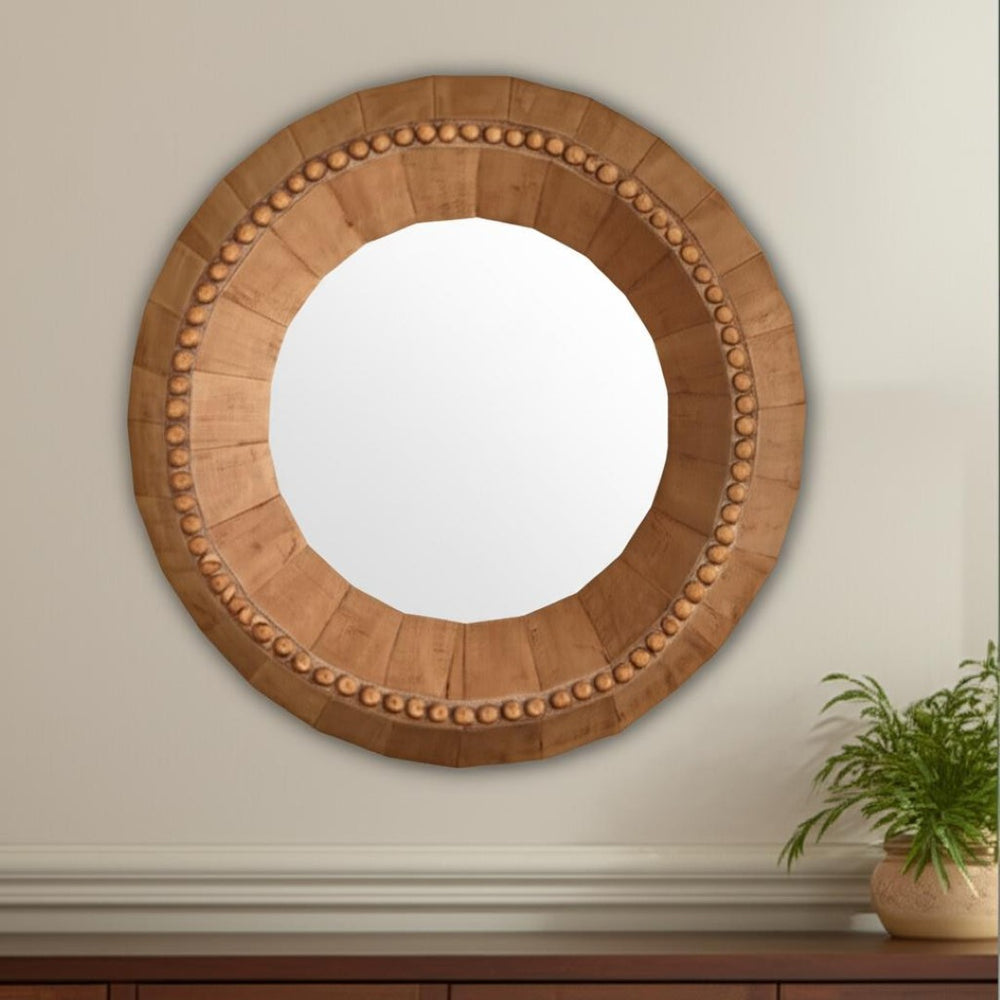 HomeRoots 30" Artisan-Crafted Round Accent Mirror in Warm Brown Mango Wood with Faceted Beaded Design 607303