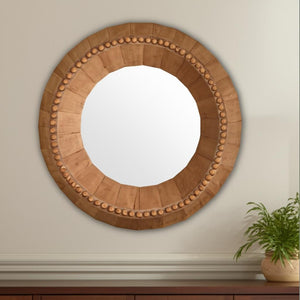 HomeRoots 30" Artisan-Crafted Round Accent Mirror in Warm Brown Mango Wood with Faceted Beaded Design 607303
