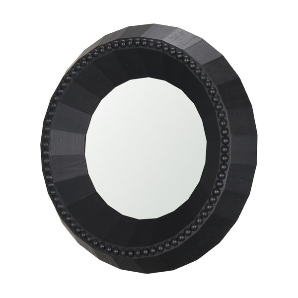 HomeRoots 30" Black Round Accent Mirror - Handcrafted Solid Mango Wood with Faceted Design & Beaded Trim 607304