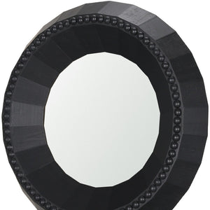 HomeRoots 30" Black Round Accent Mirror - Handcrafted Solid Mango Wood with Faceted Design & Beaded Trim 607304
