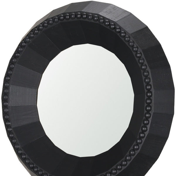 HomeRoots 30" Black Round Accent Mirror - Handcrafted Solid Mango Wood with Faceted Design & Beaded Trim 607304