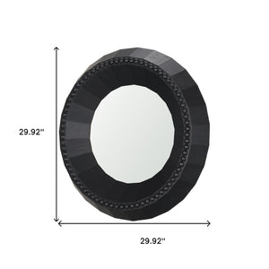 HomeRoots 30" Black Round Accent Mirror - Handcrafted Solid Mango Wood with Faceted Design & Beaded Trim 607304