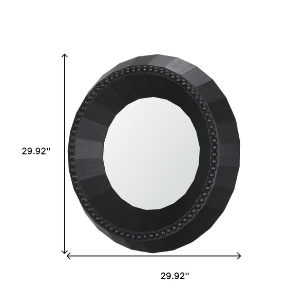 HomeRoots 30" Black Round Accent Mirror - Handcrafted Solid Mango Wood with Faceted Design & Beaded Trim 607304
