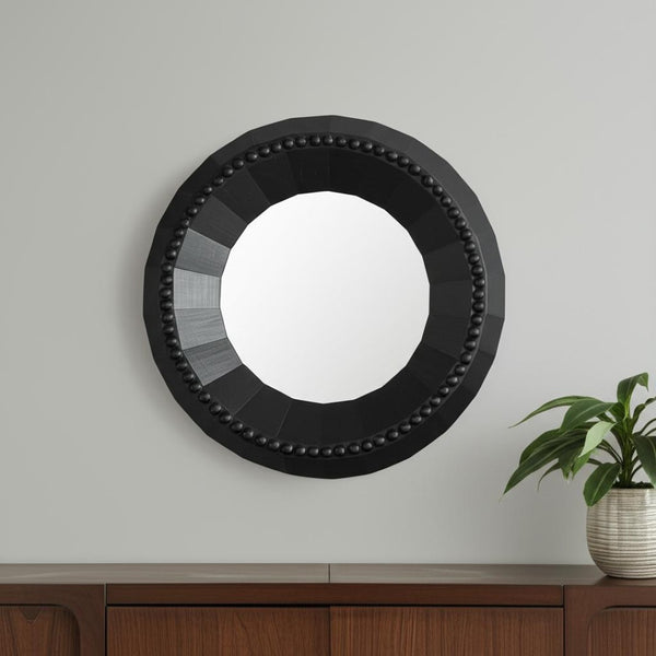 HomeRoots 30" Black Round Accent Mirror - Handcrafted Solid Mango Wood with Faceted Design & Beaded Trim 607304