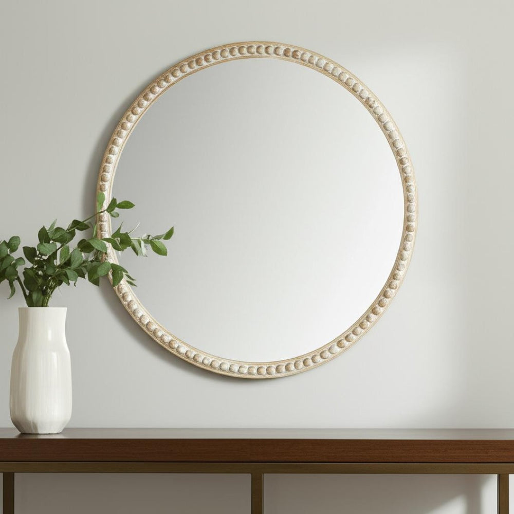 HomeRoots 30" Rustic Solid Wood Beaded Mirror - Vintage-Style Accent Decor for Any Room, Ready to Hang 607306