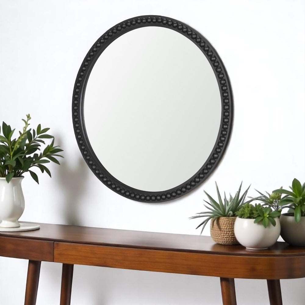 HomeRoots 30" Black Solid Wood Beaded Round Accent Mirror – Modern Design, Versatile Hanging, Stunning Reflection 607307