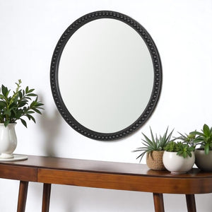HomeRoots 30" Black Solid Wood Beaded Round Accent Mirror – Modern Design, Versatile Hanging, Stunning Reflection 607307