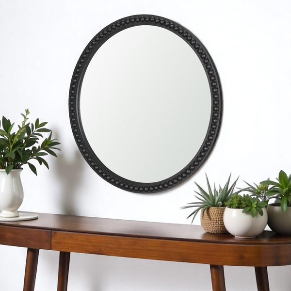 HomeRoots 30" Black Solid Wood Beaded Round Accent Mirror – Modern Design, Versatile Hanging, Stunning Reflection 607307