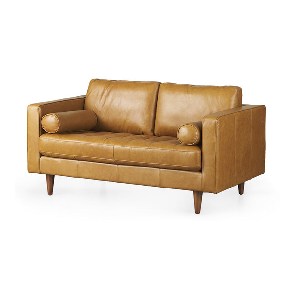 HomeRoots 65" Tan Leather Sofa - Luxurious Comfort with Brown Legs, Modern Design for Stylish Living Spaces 607310