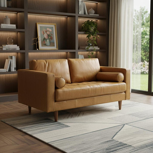 HomeRoots 65" Tan Leather Sofa - Luxurious Comfort with Brown Legs, Modern Design for Stylish Living Spaces 607310