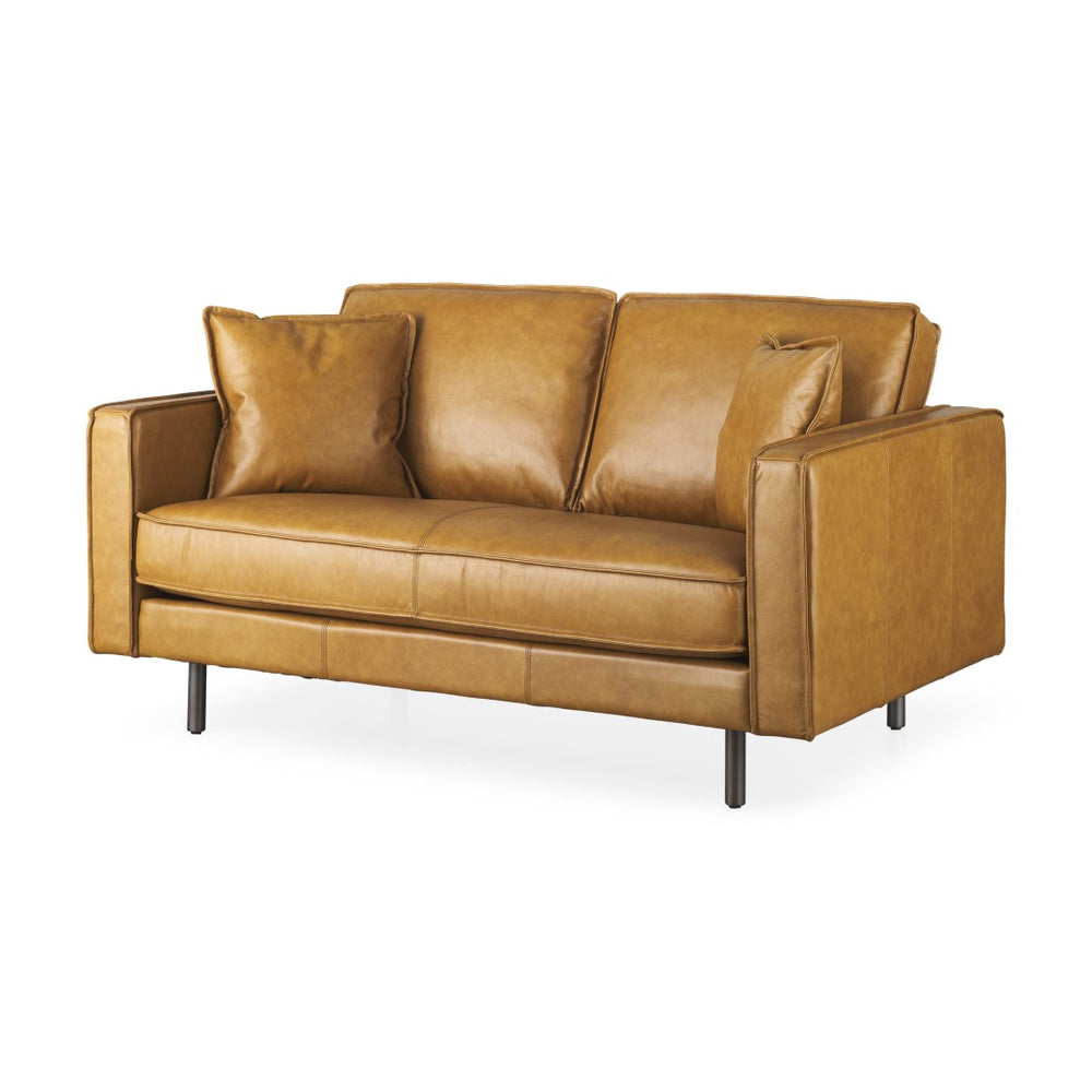 HomeRoots 65" Tan Leather Sofa with Pillow-Top Arms and Durable Brown Metal Legs for Modern Comfort 607311