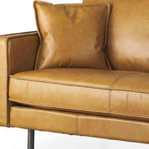 HomeRoots 65" Tan Leather Sofa with Pillow-Top Arms and Durable Brown Metal Legs for Modern Comfort 607311