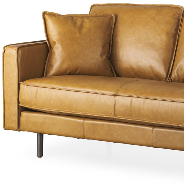 HomeRoots 65" Tan Leather Sofa with Pillow-Top Arms and Durable Brown Metal Legs for Modern Comfort 607311