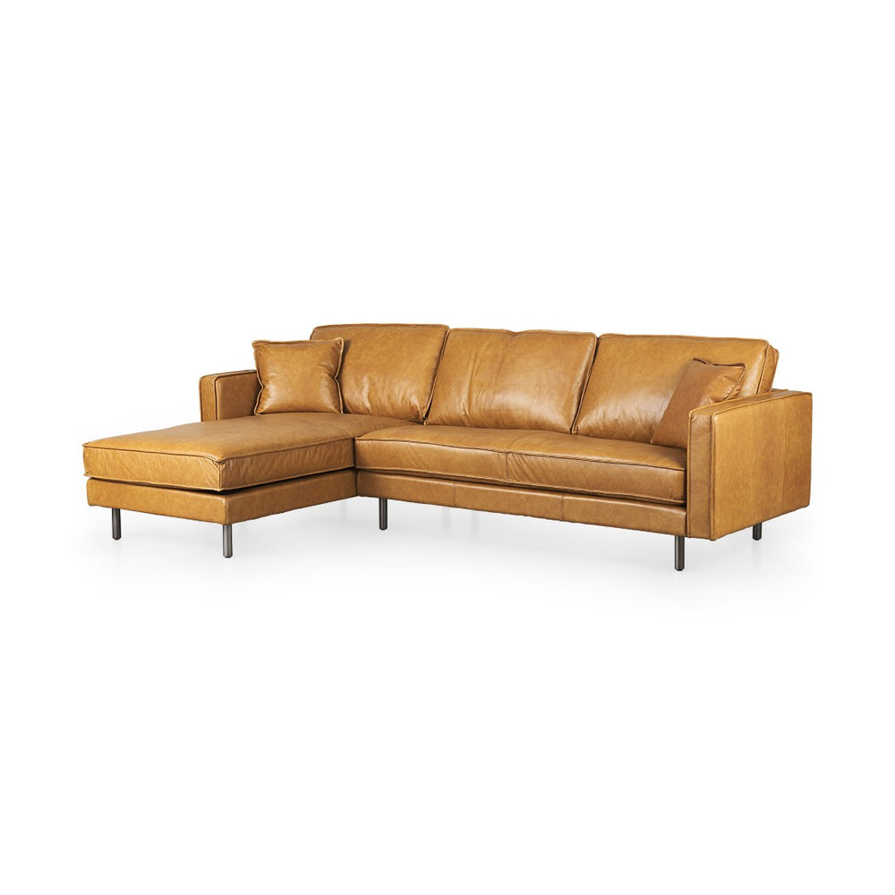 HomeRoots Tan Genuine Leather L-Shaped Sectional Sofa with Chaise & Toss Pillows for Luxurious Comfort 607314