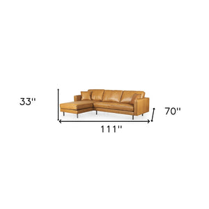 HomeRoots Tan Genuine Leather L-Shaped Sectional Sofa with Chaise & Toss Pillows for Luxurious Comfort 607314