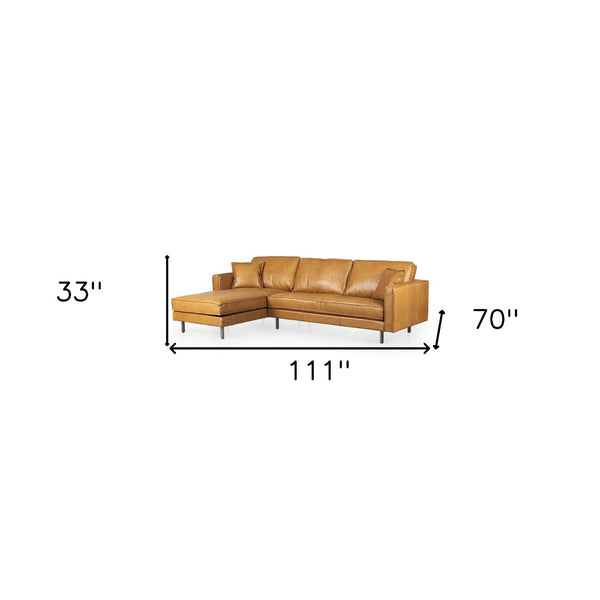 HomeRoots Tan Genuine Leather L-Shaped Sectional Sofa with Chaise & Toss Pillows for Luxurious Comfort 607314