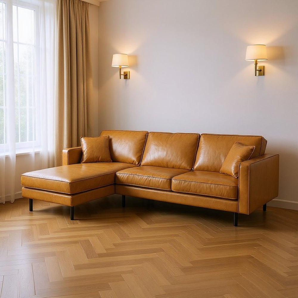 HomeRoots Tan Genuine Leather L-Shaped Sectional Sofa with Chaise & Toss Pillows for Luxurious Comfort 607314