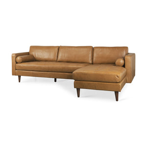 HomeRoots Tan Genuine Leather L-Shaped Sectional Sofa with Chaise & Bolster Pillows for Modern Living Rooms 607315