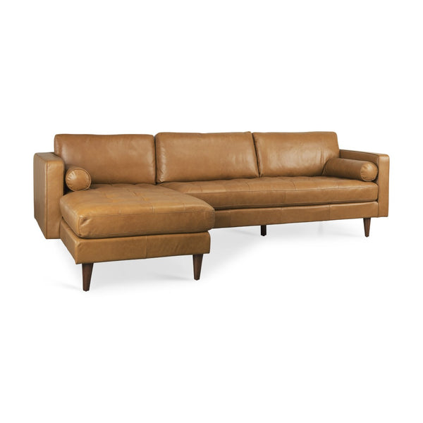 HomeRoots Tan Genuine Leather L-Shaped Sectional Sofa with Chaise & Bolster Pillows for Modern Living Rooms 607315